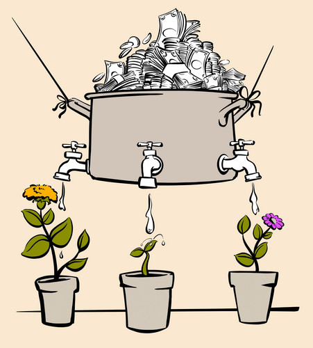 Illustration: Ein Topf der an Seilen hängt und aus dem ein Haufen Geldscheine und Münzen ragt. Vom Topf gehen drei Wasserhähne ab, die jeweils einen Blumentopf bewässern. Aus den Blumentöpfen ragen bunte Blumen. Der Topf symbolisiert dabei das Förderprogramm, durch dessen Förderungen, hier durch das Wasser symbolisiert, Projekte und Programme, hier die Blumen, entstehen und wachsen können.
