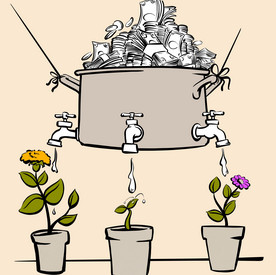 Illustration: Ein Topf der an Seilen hängt und aus dem ein Haufen Geldscheine und Münzen ragt. Vom Topf gehen drei Wasserhähne ab, die jeweils einen Blumentopf bewässern. Aus den Blumentöpfen ragen bunte Blumen.  Der Topf symbolisiert dabei das Förderprogramm, durch dessen Förderungen, hier durch das Wasser symbolisiert, Projekte und Programme, hier die Blumen, entstehen und wachsen können. 