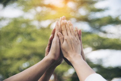 Viele Hände berühren sich in einem Handschlag