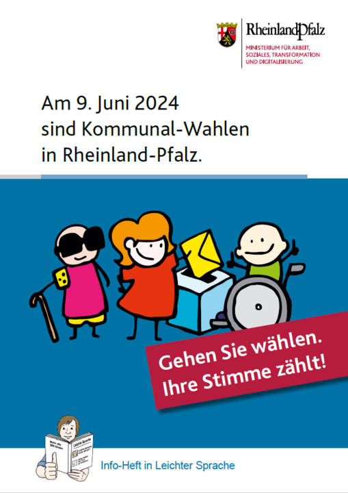 Titelbild zum Heft Kommunal-Wahlen in Leichter Sprache. Sketch von drei Personen mit und ohne sichtbare Behinderung. Eine Person wirft einen Brief in eine Wahlurne.