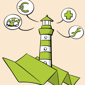 Illustration: aus einem mehrfach gefaltetem Papier ragt ein Leuchtturm hervor. Von diesem Leuchtturm gehen in Sprechblasen unterschiedliche Symbole ab: ein Rettungsring, ein Euro Zeichen, ein Schraubschlüssel und rotes Kreuz.  Die Zeichnung verbildlicht die Funktion des Beratungskompasses: er schafft Orientierung in der Beratungs- und Unterstützungslandschaft in Rheinland-Pfalz und hilft so, das passende Angebot im individuellen Fall zu finden. 